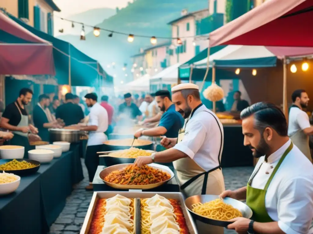 Escena vibrante de un festival callejero en Italia con puestos de comida coloridos y chefs preparando platos tradicionales
