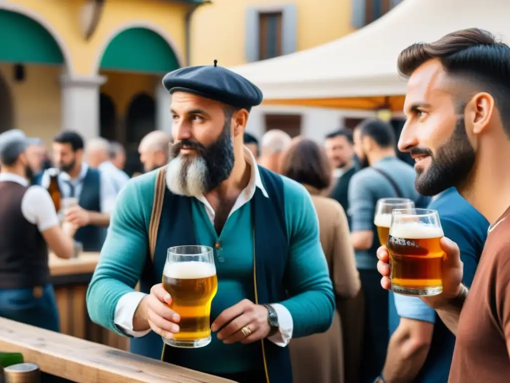 Escena vibrante de festival de cerveza artesanal norte Italia con cerveceros barbudos sirviendo bebidas en vasos únicos mientras locales disfrutan