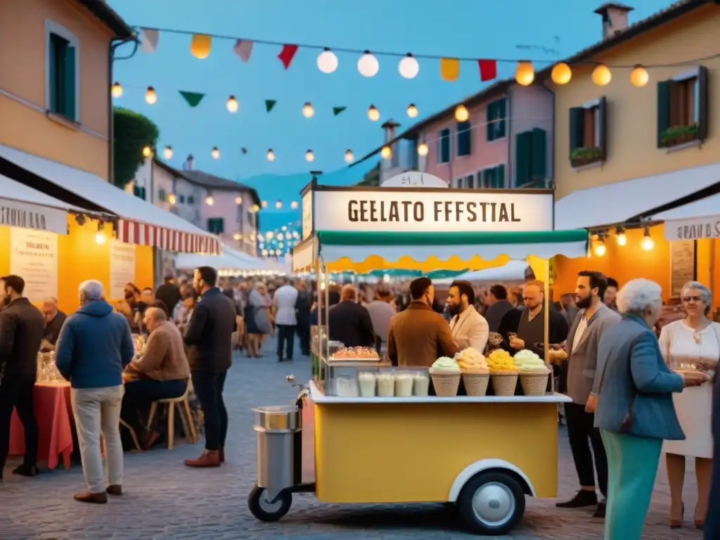 Escena vibrante de festival de cine italiano al aire libre con carrito de gelato y diversidad de sabores