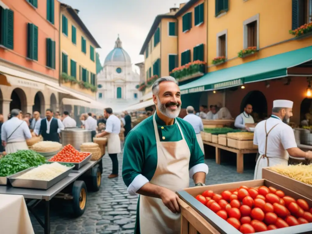 Escena vibrante de festival de cocina italiana con ingredientes frescos y coloridos puestos en las calles empedradas