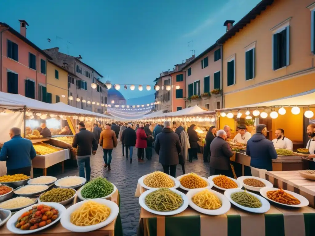 Escena vibrante de festival de comida italiana desconocida, con puestos coloridos y delicias culinarias, música en vivo y arquitectura histórica