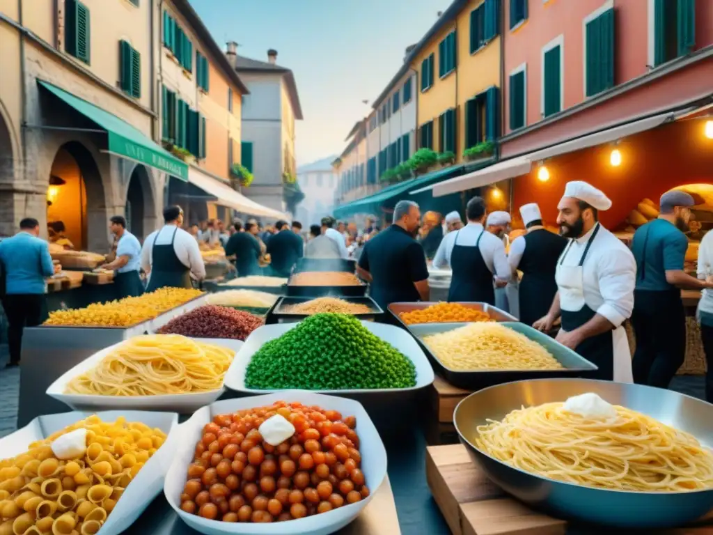 Escena vibrante de un festival gastronómico en Italia con cocina étnica y diversidad cultural