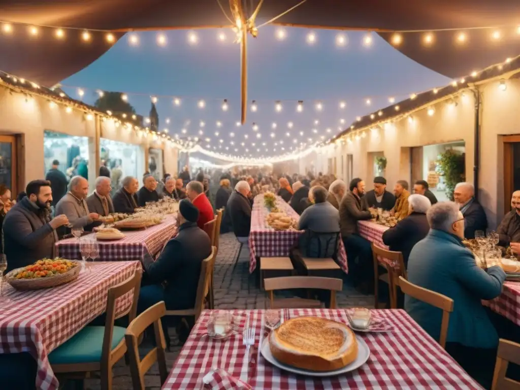 Escena vibrante en festival gastronómico en Italia: mesa larga con comida tradicional, gente riendo y disfrutando la tradición festiva italiana