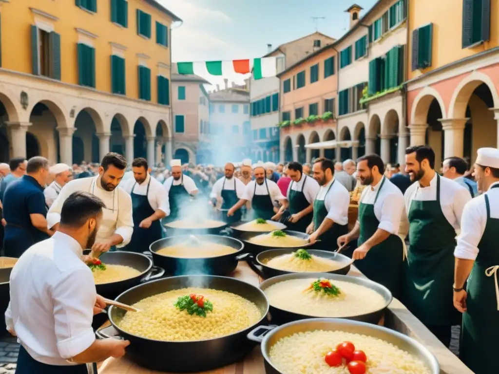 Escena vibrante de festival de risotto italiano con chefs preparando