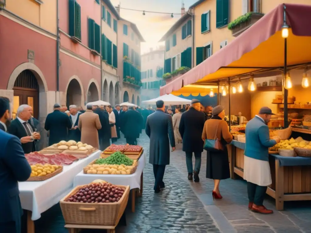 Escena vibrante de un festival antipasto italiano tradicional con coloridos puestos de comida y gente disfrutando, en cálida tarde