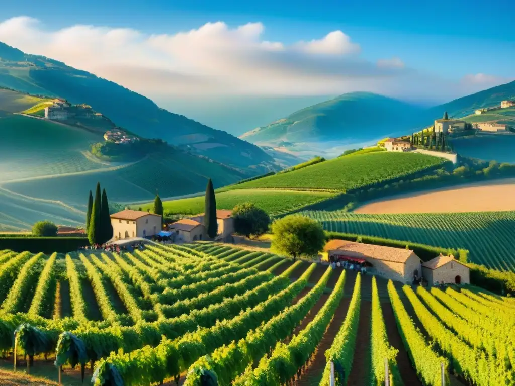 Vibrante festival agroturístico italiano: sabores, colores y tradición Escena vibrante en festival agroturismo italiano con puestos de mercado coloridos y productos frescos bajo cielo azul
