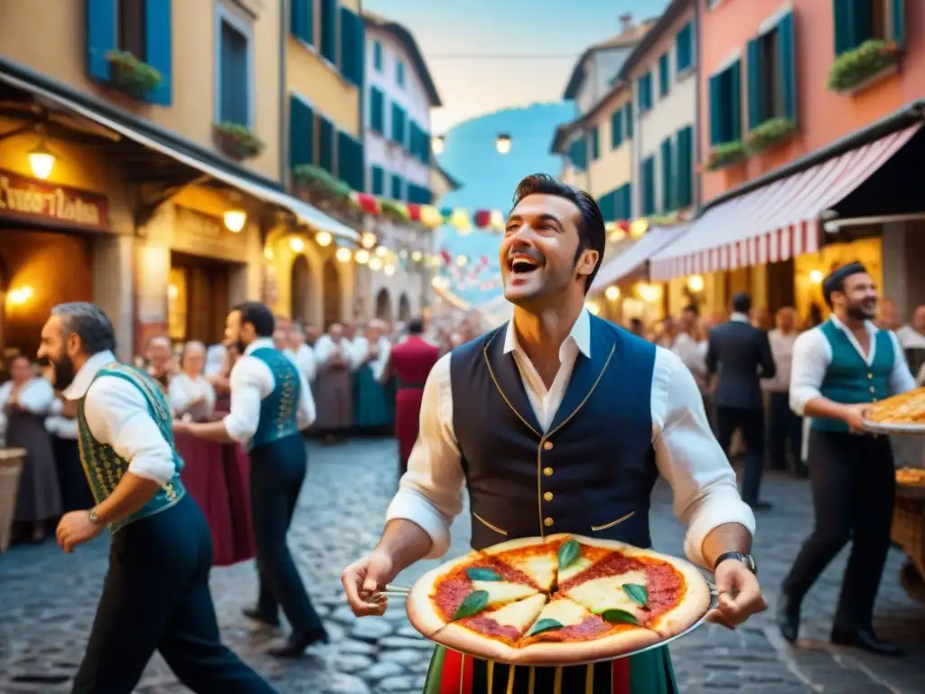 Escena vibrante de festival italiano con bailarines de Tarantela, música para fiesta italiana y ambiente festivo en las calles empedradas