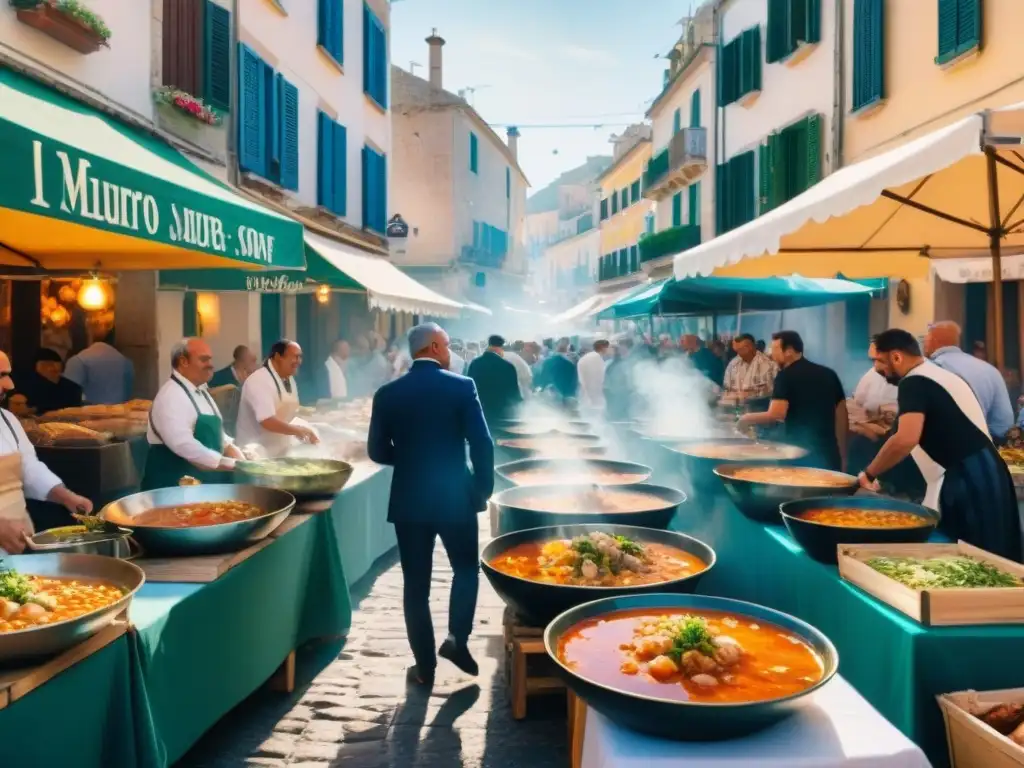 Escena vibrante del Festival Sopa Pescado San Vito: vendedores preparando y sirviendo sopa siciliana entre la multitud entusiasta