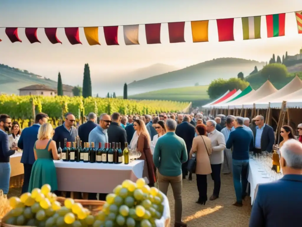 Escena vibrante en festival del vino Italiano: artesanales eventos con viticultores, catadores y paisaje campestre al atardecer