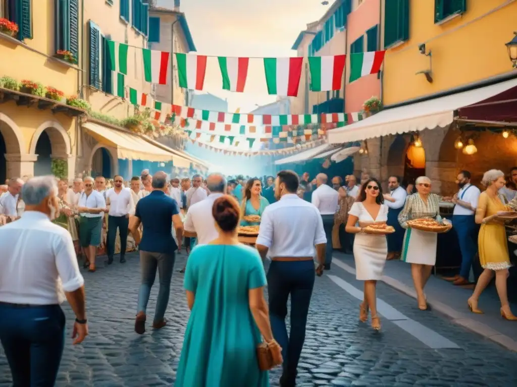 Escena vibrante de fiesta italiana con música alegre de tarantella, colores y diversión en las calles empedradas