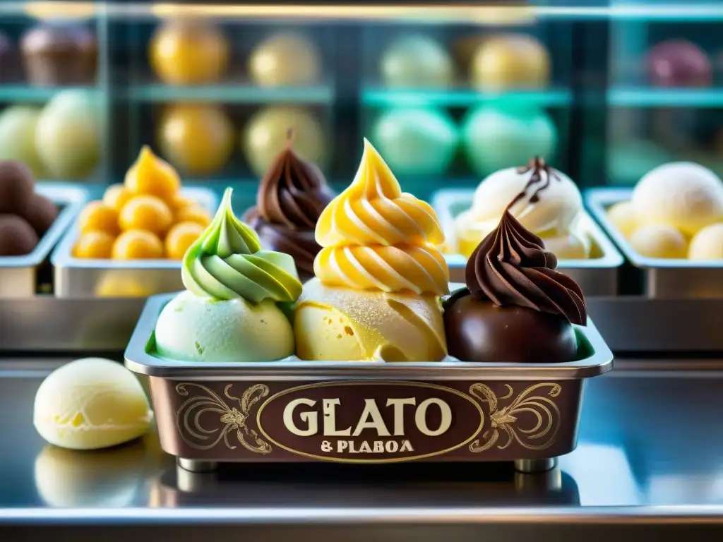 Escena vibrante de una gelatería italiana con gelatos coloridos y decorados, evocando la cultura del gelato italiano en películas