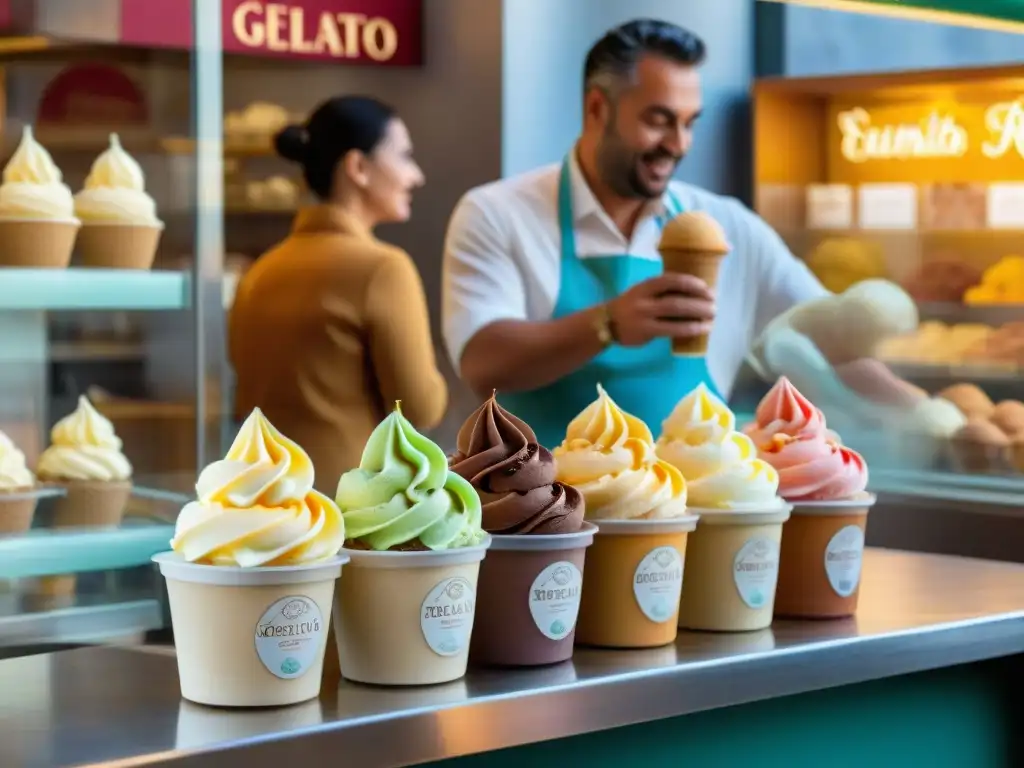 Escena vibrante de una heladería en Italia con clientes de diferentes edades y nacionalidades disfrutando del auténtico Gelato italiano