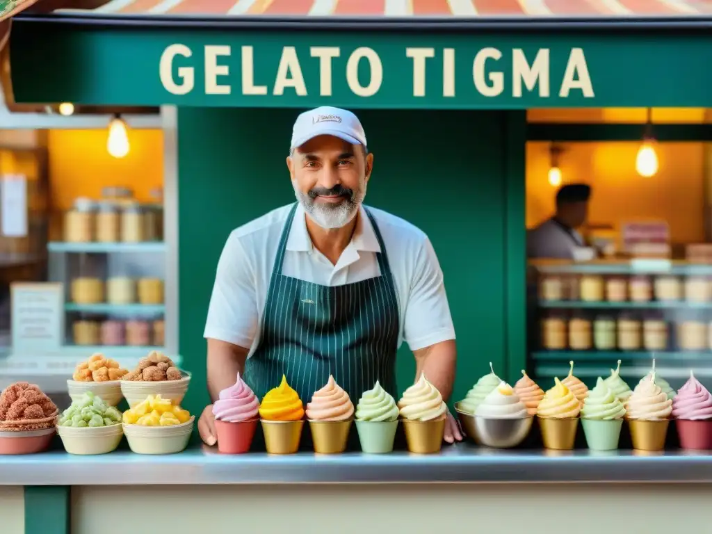 Escena vibrante de una heladería familiar italiana con gelatos coloridos y un artesano sirviendo helado cremoso