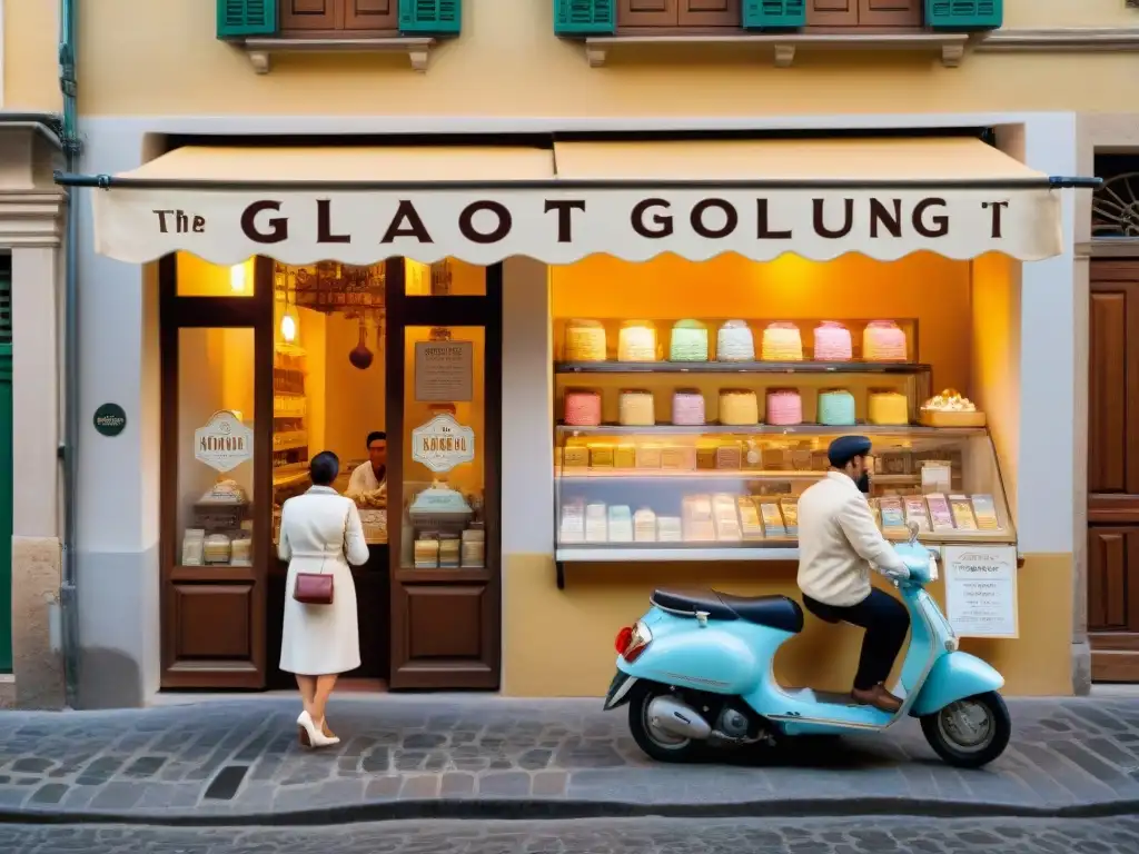 Escena vibrante de una heladería italiana en una calle empedrada de Florencia