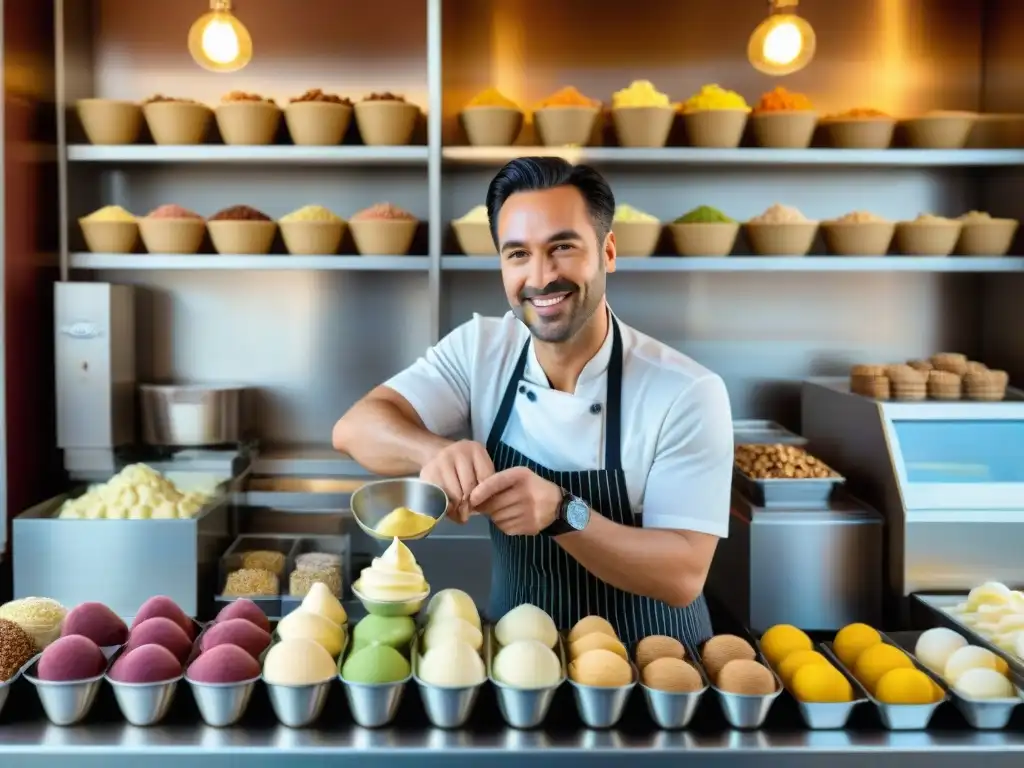 Escena vibrante de una heladería tradicional en Italia, con clientes disfrutando de conos de gelato, técnicas tradicionales cocina italiana