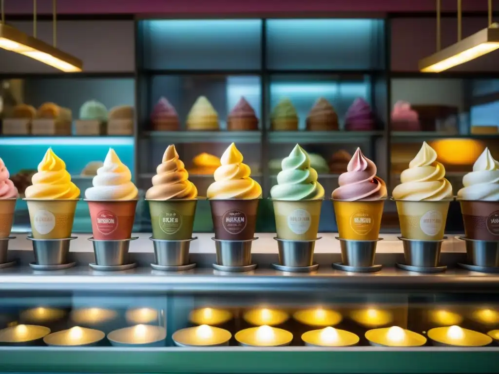 Escena vibrante de heladería en Florencia con variedad de sabores de gelato