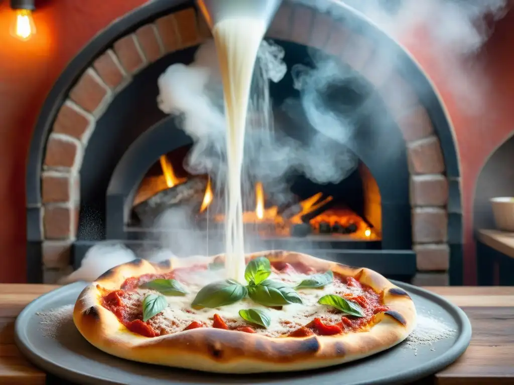 Escena vibrante de la historia de la pizza napolitana: pizzaiolo experto estirando masa en pizzería rústica de Nápoles