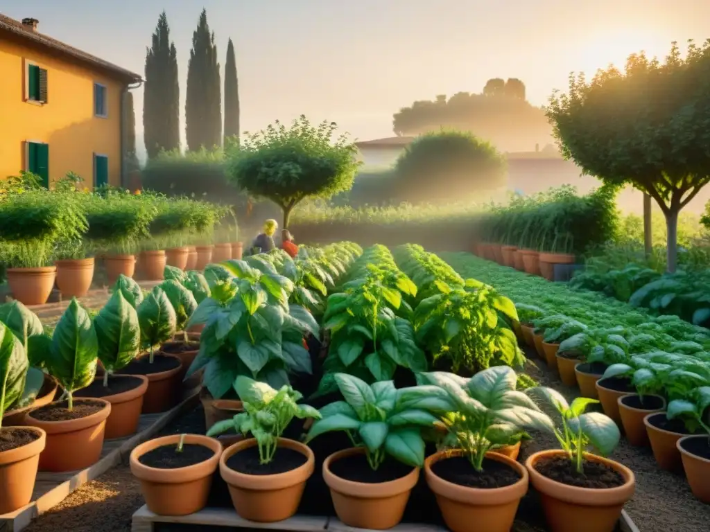 Una escena vibrante en huertos urbanos italianos, donde una comunidad diversa cultiva juntos en un jardín bullicioso al atardecer