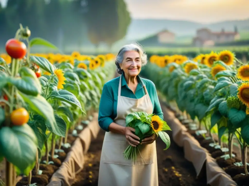 Escena vibrante de huertos urbanos en Italia con tomates coloridos, albahaca y girasoles