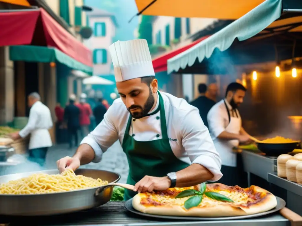 Escena vibrante de street food italiano tendencias en una bulliciosa calle de Italia