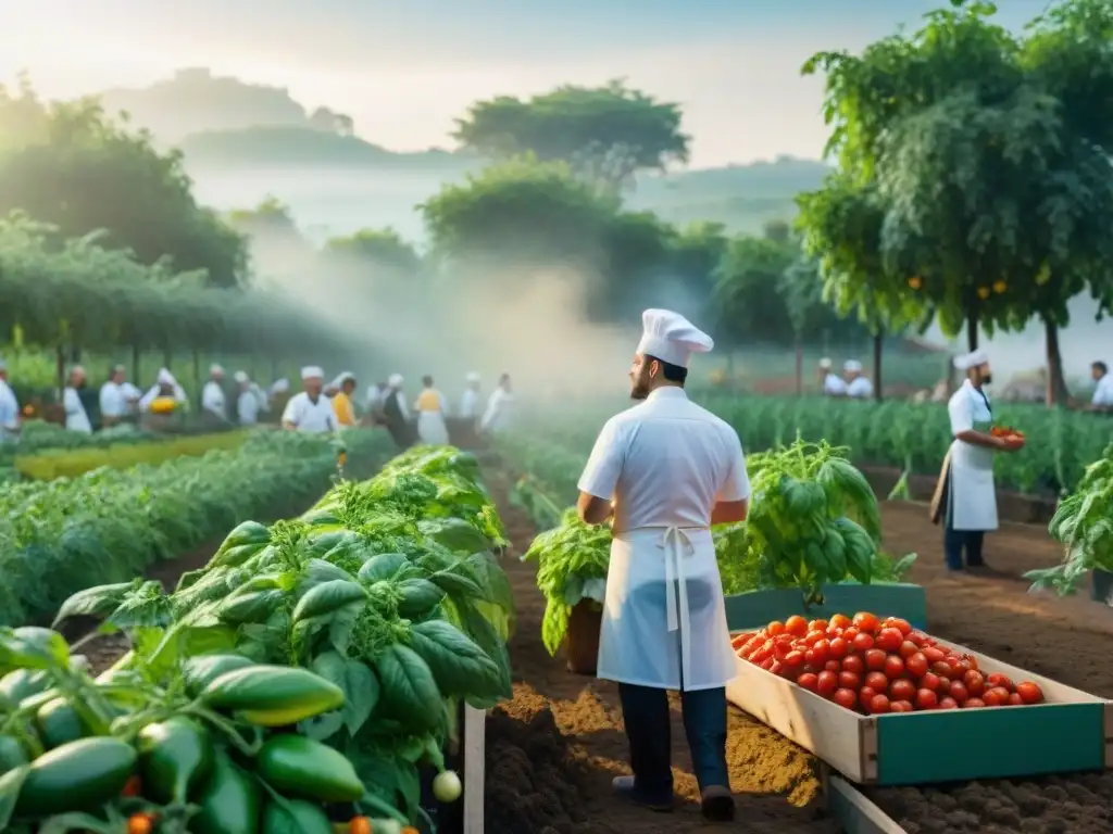 Escena vibrante en jardín italiano urbano: tomates maduros, albahaca, pimientos