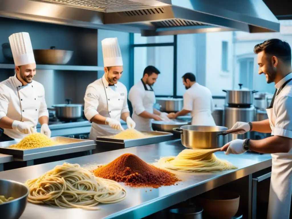 Una escena vibrante en la mejor escuela de cocina italiana: apasionados chefs crean pasta tradicional en un ambiente de camaradería y aprendizaje