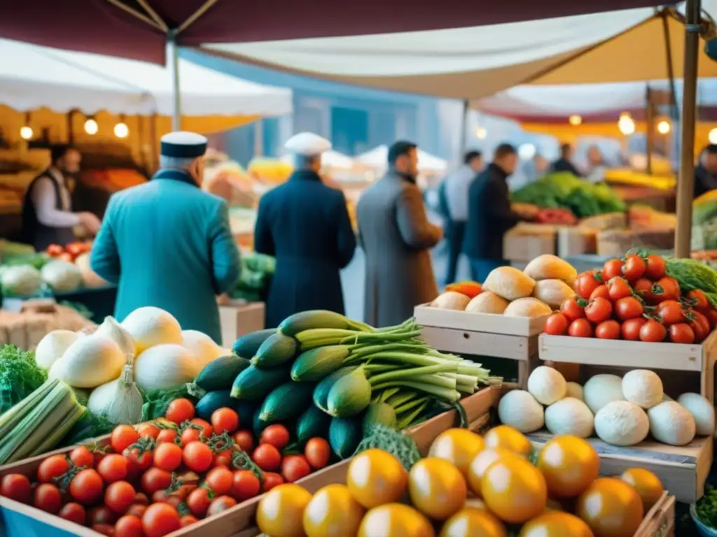 Escena vibrante de un mercado al aire libre en Milán, Italia, con productos frescos y coloridos bajo la luz matutina