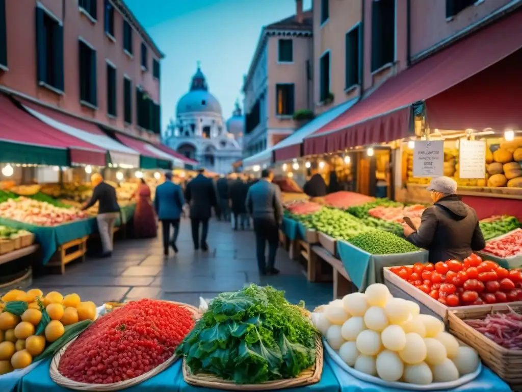 Escena vibrante en mercado de Venecia, Italia, con preparación artesanal de Carpaccio