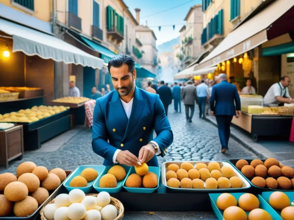 Escena vibrante de mercado callejero en Sicilia con deliciosas street food siciliana