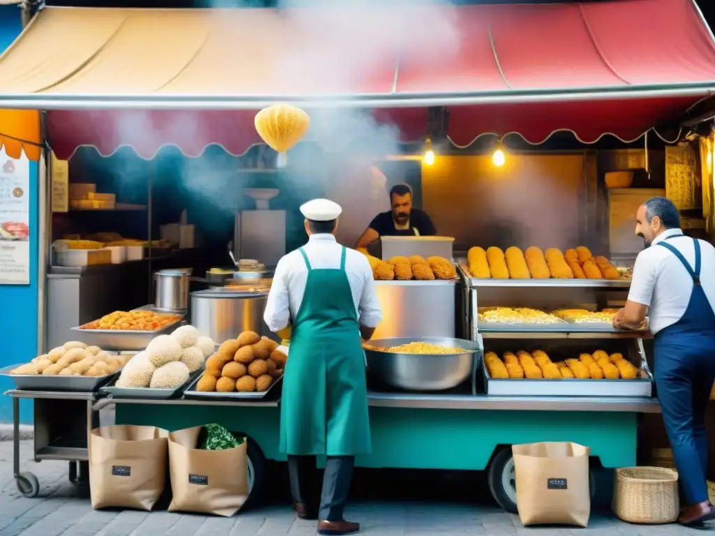 Escena vibrante de mercado callejero siciliano en Palermo con deliciosas Street food siciliana