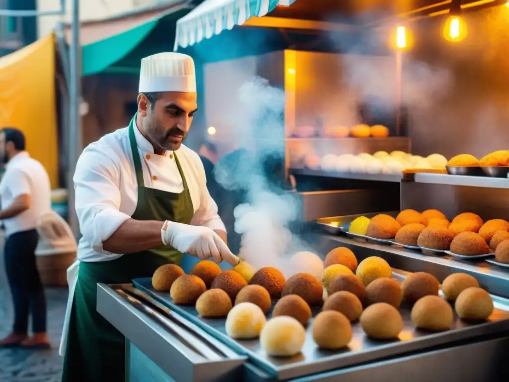 Escena vibrante en un mercado callejero siciliano con Arancini y Supplì recién preparados