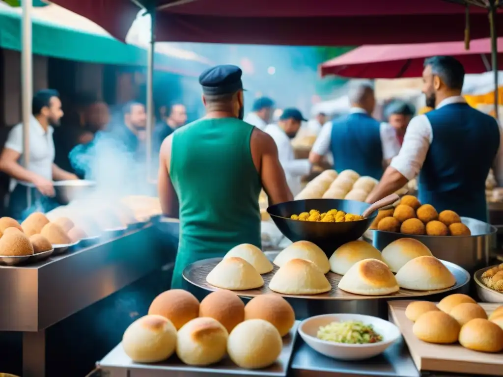 Escena vibrante de mercado callejero italiano, con vendedores de street food tradicional elaborando piadinas y arancini