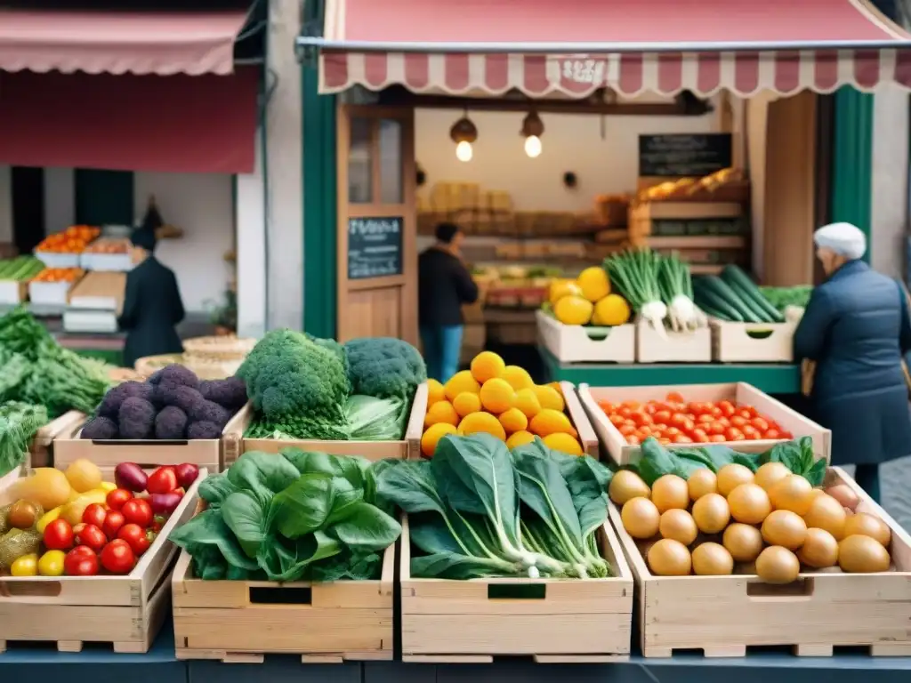 Escena vibrante de un mercado callejero en el norte de Italia con coloridas frutas y verduras