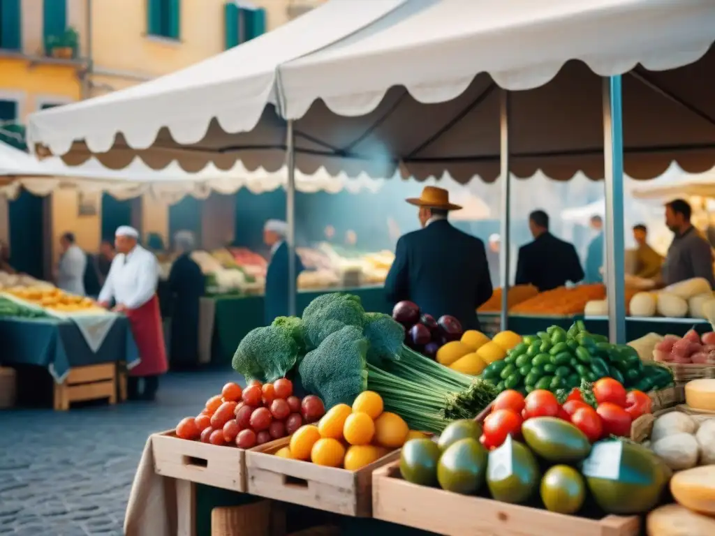 Escena vibrante de un mercado gastronómico en el Sur de Italia con productos frescos y coloridos bajo el sol