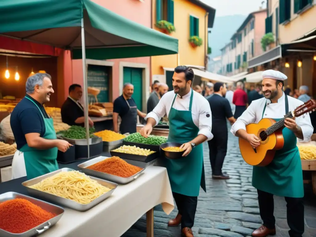 Una escena vibrante de mercado italiano con chefs preparando platos clásicos mientras músicos tocan