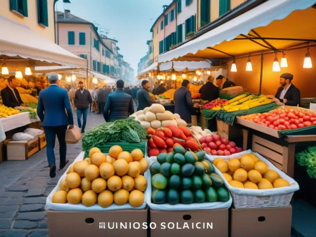 Escena vibrante en un mercado italiano con puestos de colores y locales conversando, bañados por la cálida luz del atardecer