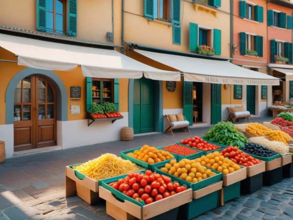 Mercado italiano vibrante: tomates frescos, aceite de oliva, pasta y quesos Escena vibrante de un mercado italiano con ingredientes clave de la dieta mediterránea