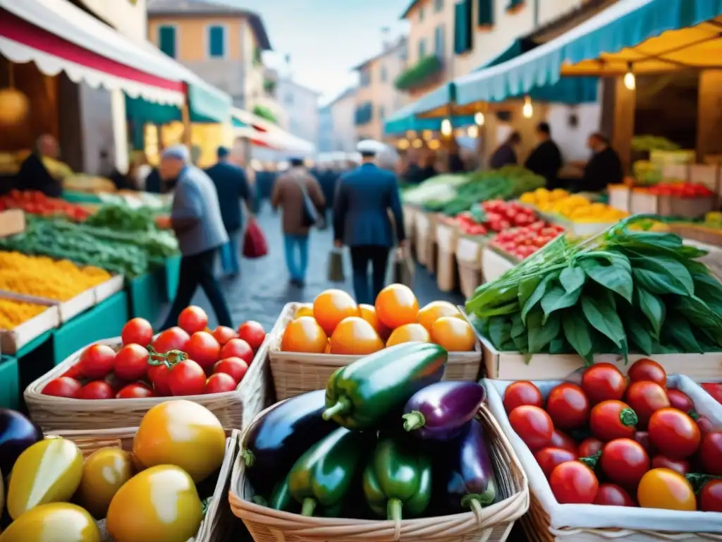 Mercado italiano vibrante: ingredientes frescos y tradición culinaria Escena vibrante de mercado italiano con ingredientes frescos, reflejando tradiciones culinarias