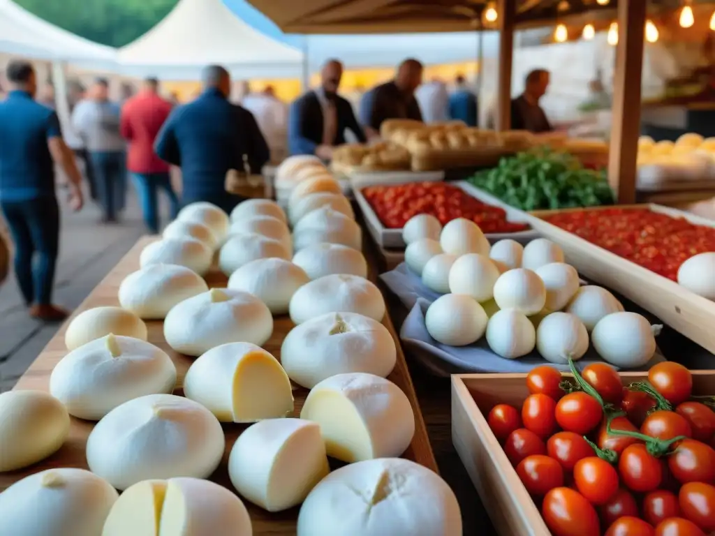 Escena vibrante en mercado italiano durante festival de mozzarella, vendedores ofrecen variedad de quesos frescos