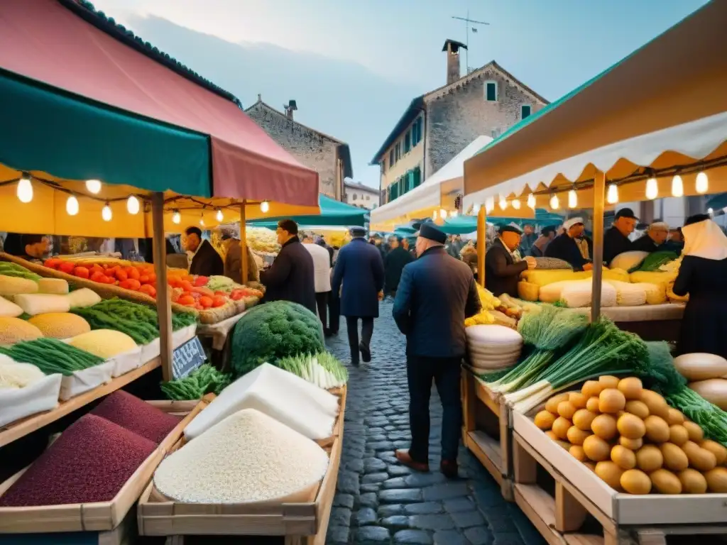 Escena vibrante de un mercado italiano con los mejores ingredientes para risotto