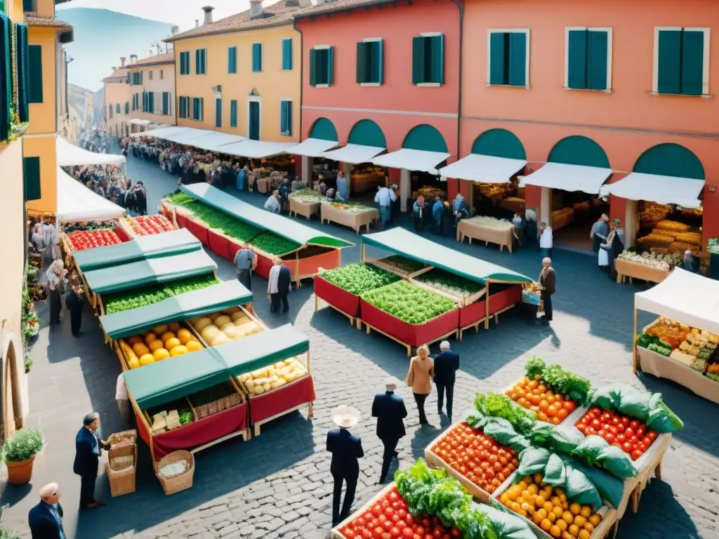 Escena vibrante en mercado italiano con productos frescos y coloridos, representando la cocina ética italiana