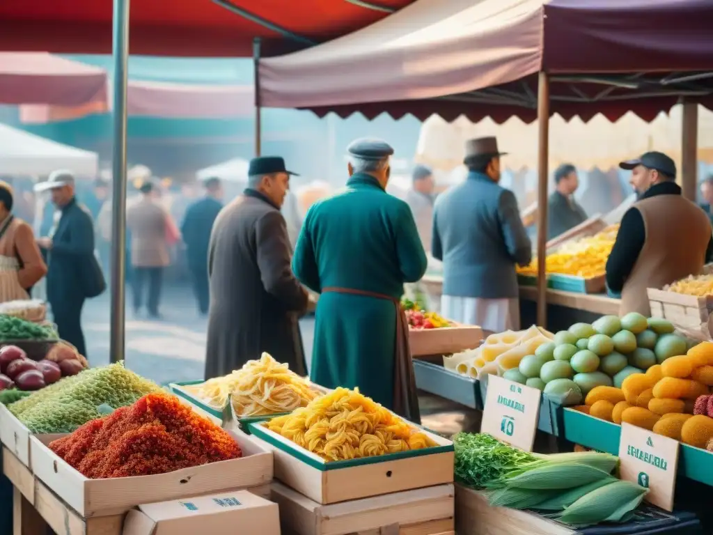 Una escena vibrante en un mercado italiano con platos icónicos de la cocina italiana tradicionales