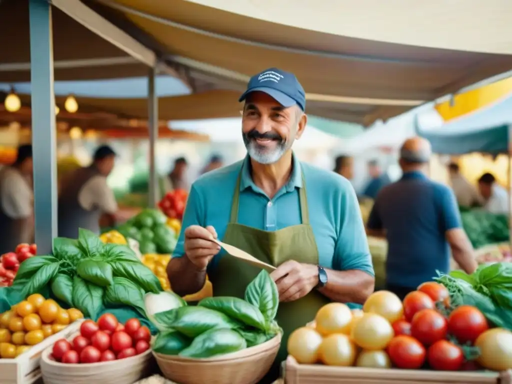 Escena vibrante de mercado italiano con productos frescos y coloridos, clientes animados y ambiente comunitario