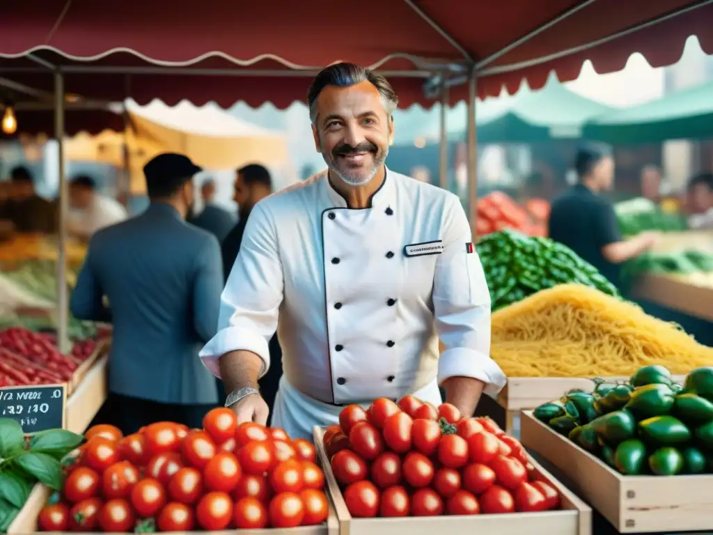 Escena vibrante de mercado italiano con autenticidad y modernidad, tendencias cocina italiana autenticidad modernidad