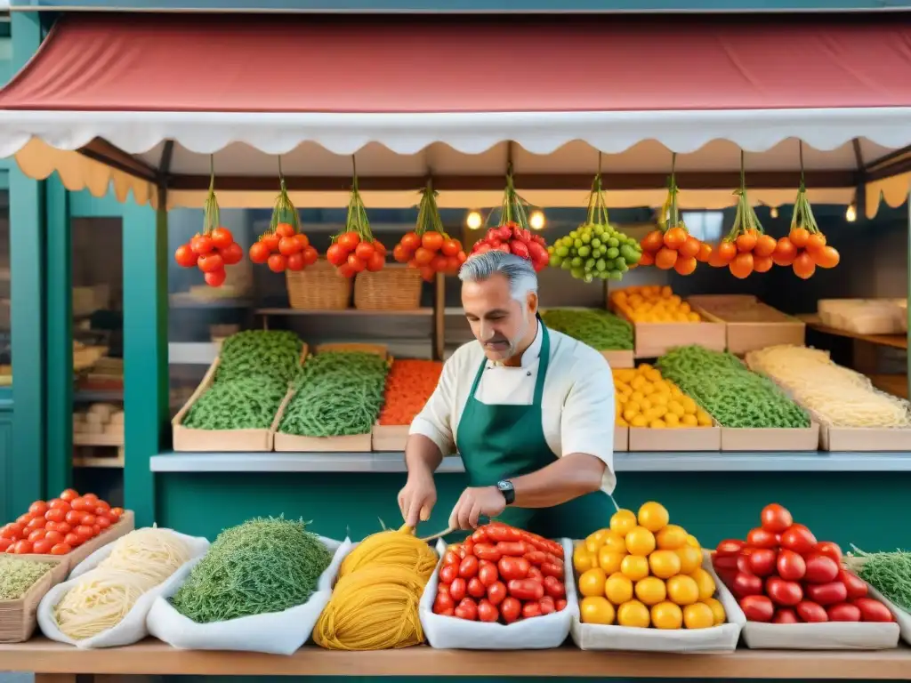 Una escena vibrante de mercado italiano con una nonna haciendo pasta, rodeada de coloridas verduras frescas y un Fiat 500 cargado de aceitunas