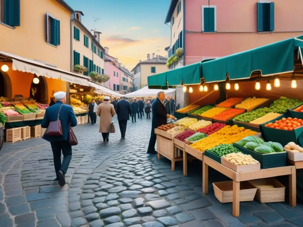 Escena vibrante en un mercado italiano con productos frescos, pastas, quesos, vinos locales y arquitectura tradicional