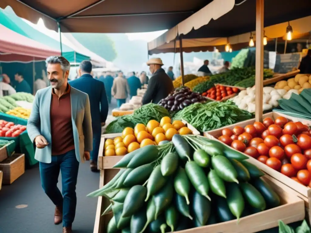 Una escena vibrante de un mercado italiano con productos frescos, donde la dieta italiana se transforma con modernidad