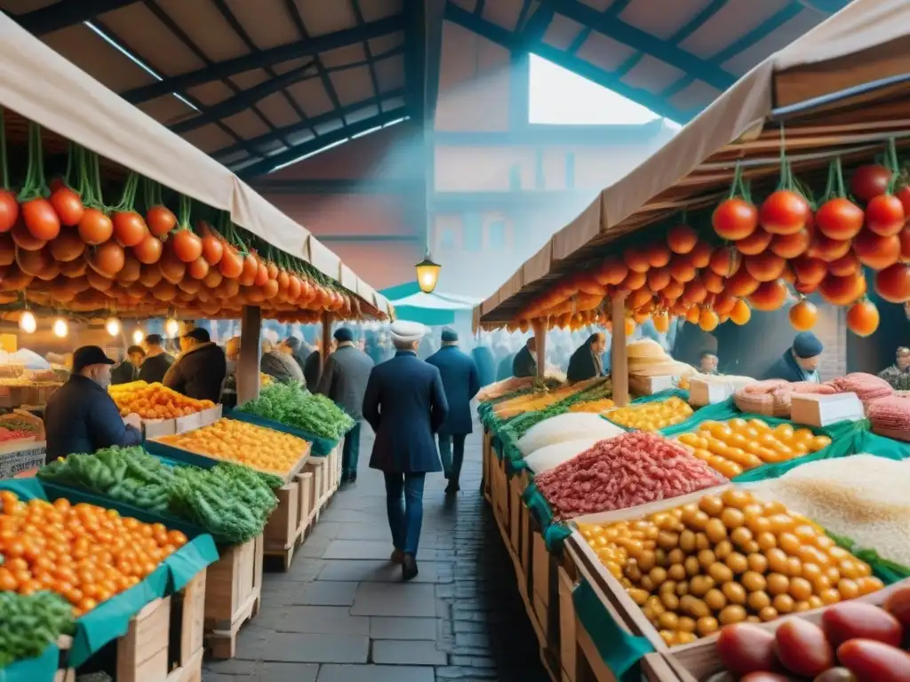 Escena vibrante en un mercado italiano con productos DOP