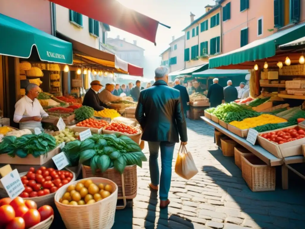 Escena vibrante en un mercado italiano con productos frescos y coloridos