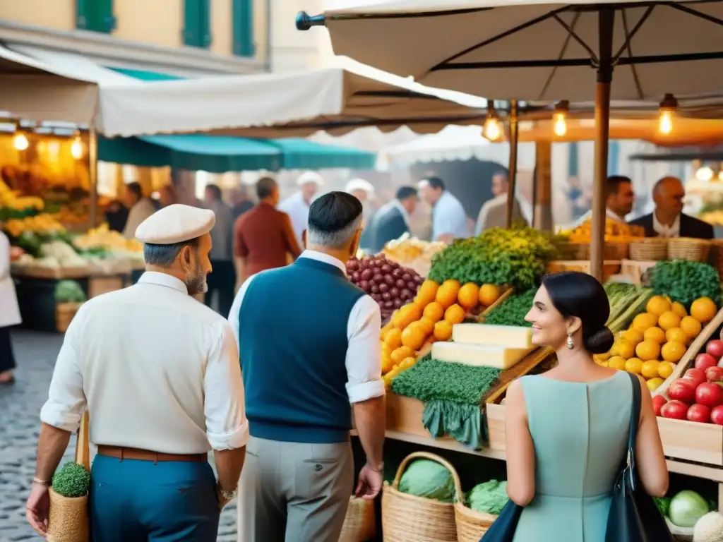 Escena vibrante de mercado italiano con productos frescos, hierbas aromáticas y quesos artesanales bajo el cálido sol mediterráneo